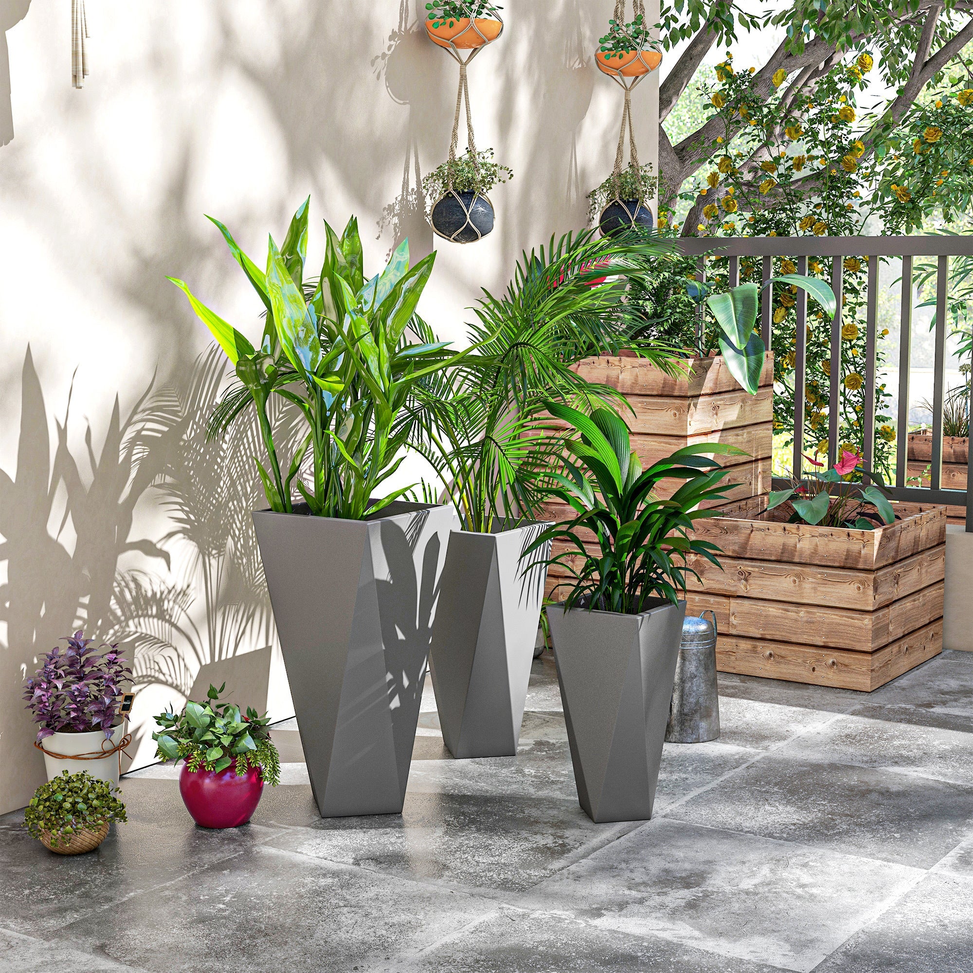 Outsunny Set of 3 Tall Planters, 28.75', 24.5', 20.5', MgO Indoor Outdoor Planters with Drainage Holes, Stackable Flower Pots for Garden, Patio, Balcony, Front Door, Gray