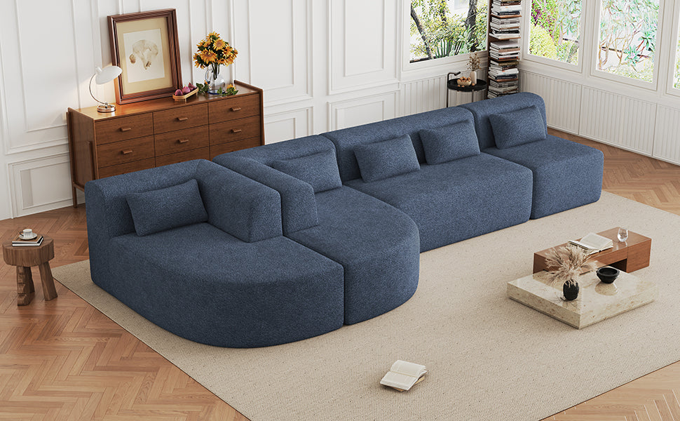 144' Upholstered Sofa Free-combined Sofa Couch with Two Chaise Lounge and Five Back Pillows for Living Room, Blue