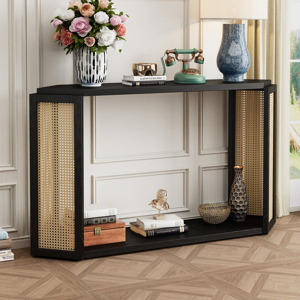 TREXM Narrow Console Table with Unique Irregular Top Design, Entryway Table with Open Shelf, Rattan Sofa Table for Living Room Hallway and Entrance (Black)