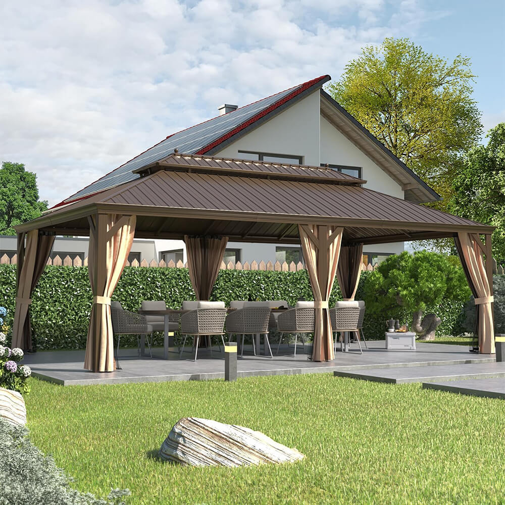 [14x24FT] Heavy Duty Aluminum Galvanized Steel Double Roof Hardtop Gazebo With Netting And Curtains (SAK41853)