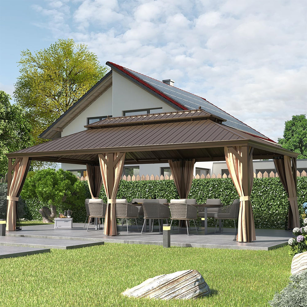 [14x24FT] Heavy Duty Aluminum Galvanized Steel Double Roof Hardtop Gazebo With Netting And Curtains (SAK41853)