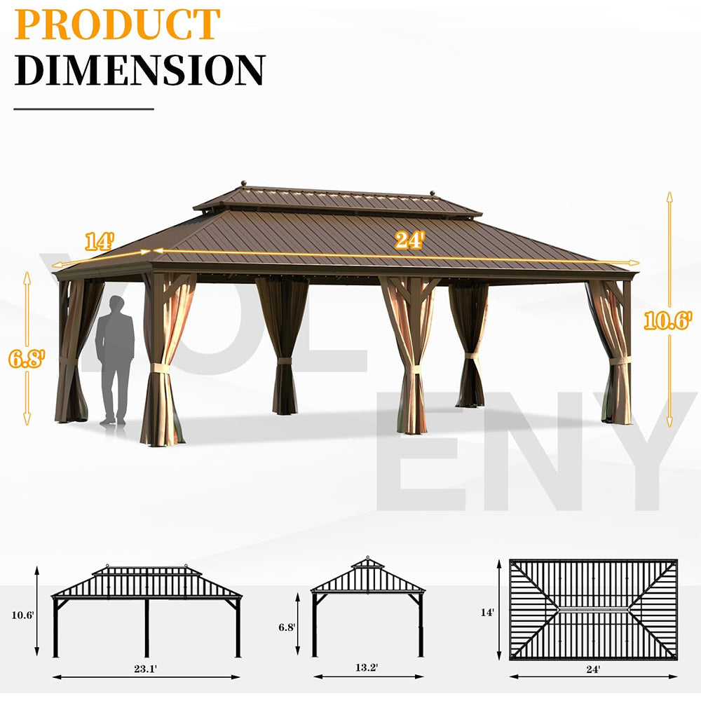 [14x24FT] Heavy Duty Aluminum Galvanized Steel Double Roof Hardtop Gazebo With Netting And Curtains (SAK41853)