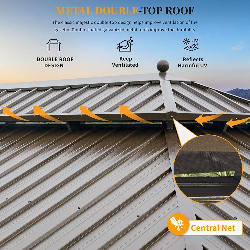 [14x24FT] Heavy Duty Aluminum Galvanized Steel Double Roof Hardtop Gazebo With Netting And Curtains (SAK41853)