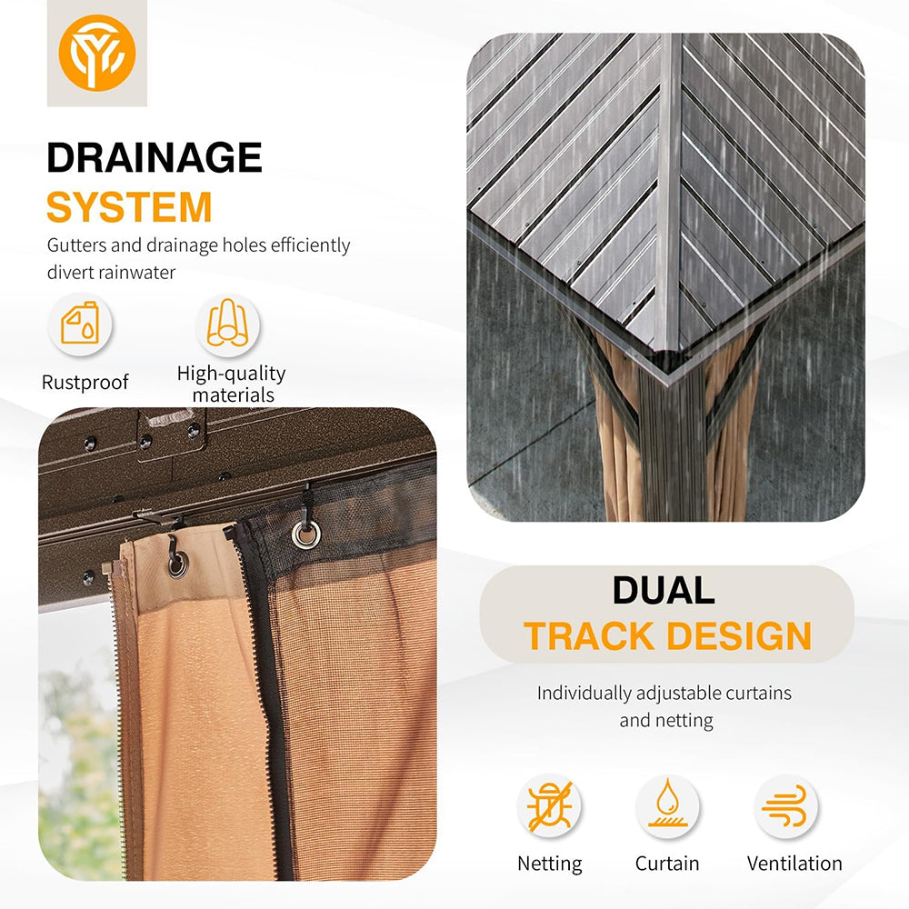 [14x24FT] Heavy Duty Aluminum Galvanized Steel Double Roof Hardtop Gazebo With Netting And Curtains (SAK41853)