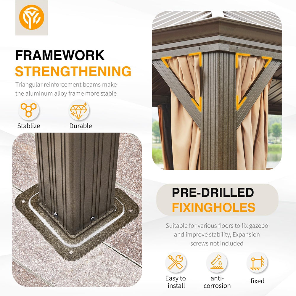 [14x24FT] Heavy Duty Aluminum Galvanized Steel Double Roof Hardtop Gazebo With Netting And Curtains (SAK41853)