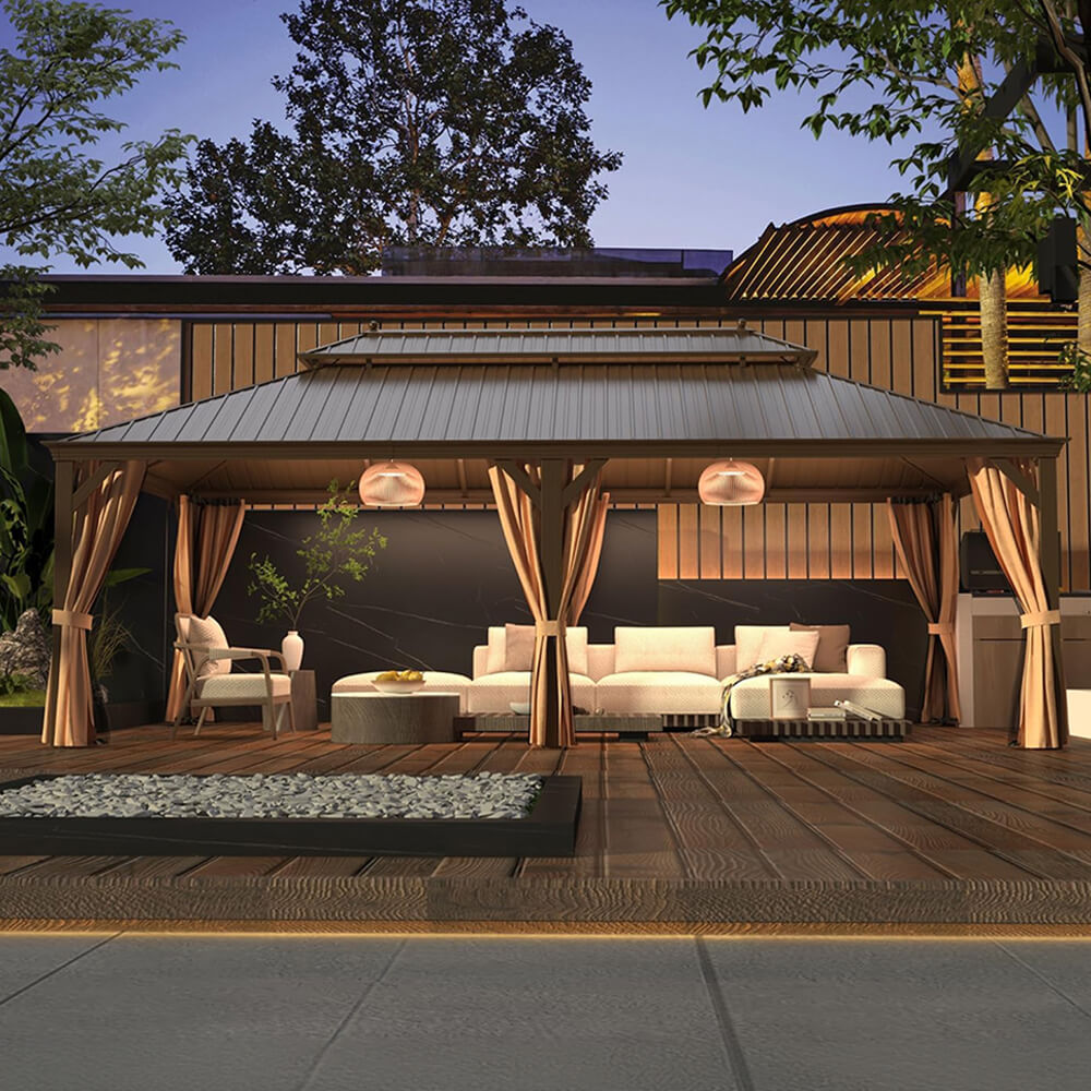 [14x24FT] Heavy Duty Aluminum Galvanized Steel Double Roof Hardtop Gazebo With Netting And Curtains (SAK41853)