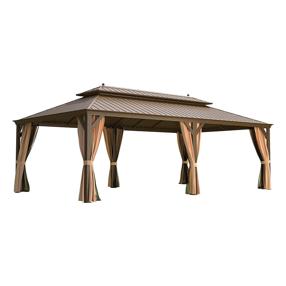 [14x24FT] Heavy Duty Aluminum Galvanized Steel Double Roof Hardtop Gazebo With Netting And Curtains (SAK41853)