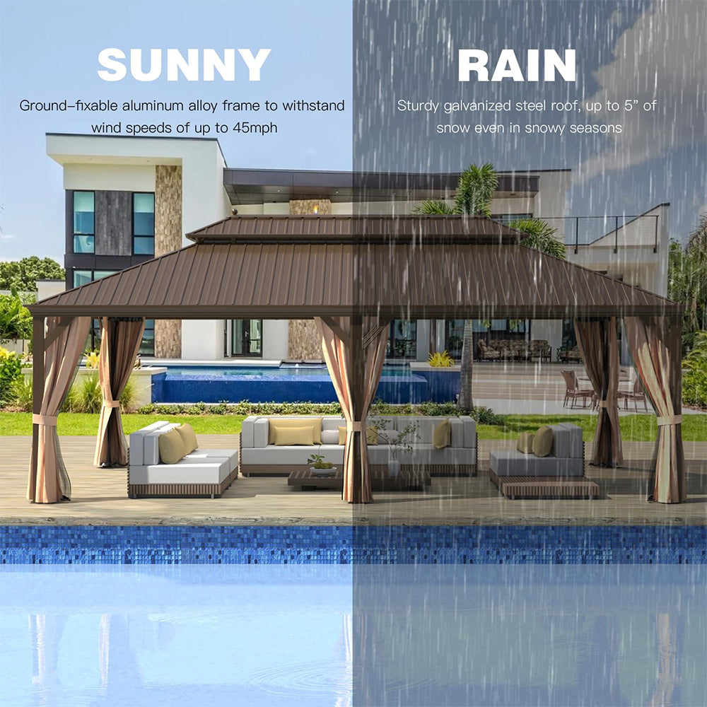 [14x24FT] Heavy Duty Aluminum Galvanized Steel Double Roof Hardtop Gazebo With Netting And Curtains (SAK41853)