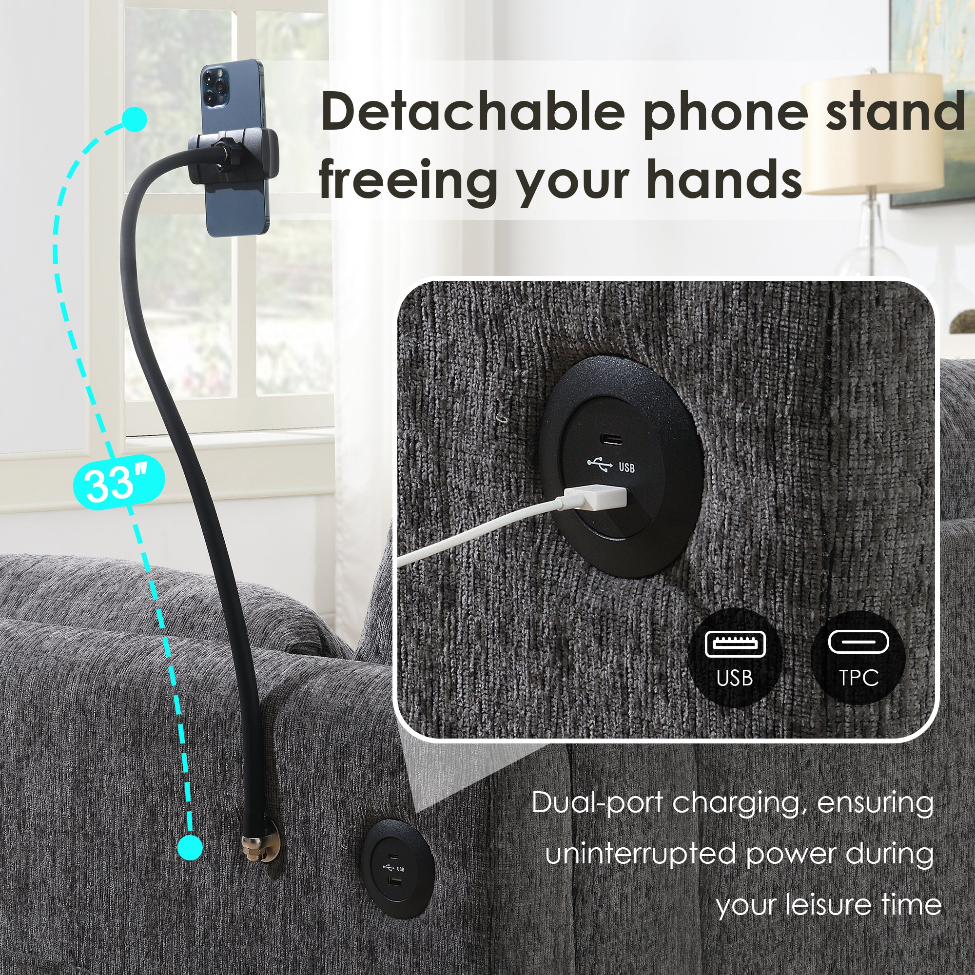 96.5'' Chenille Sectional Sofa with Storage Ottoman and Pockets,Adjustable Phone Holder,Wide Seat,4 Seat L Shaped Couch Set,Comfy Sofa with USB Charger for Living Room,Apartment,3 Colors