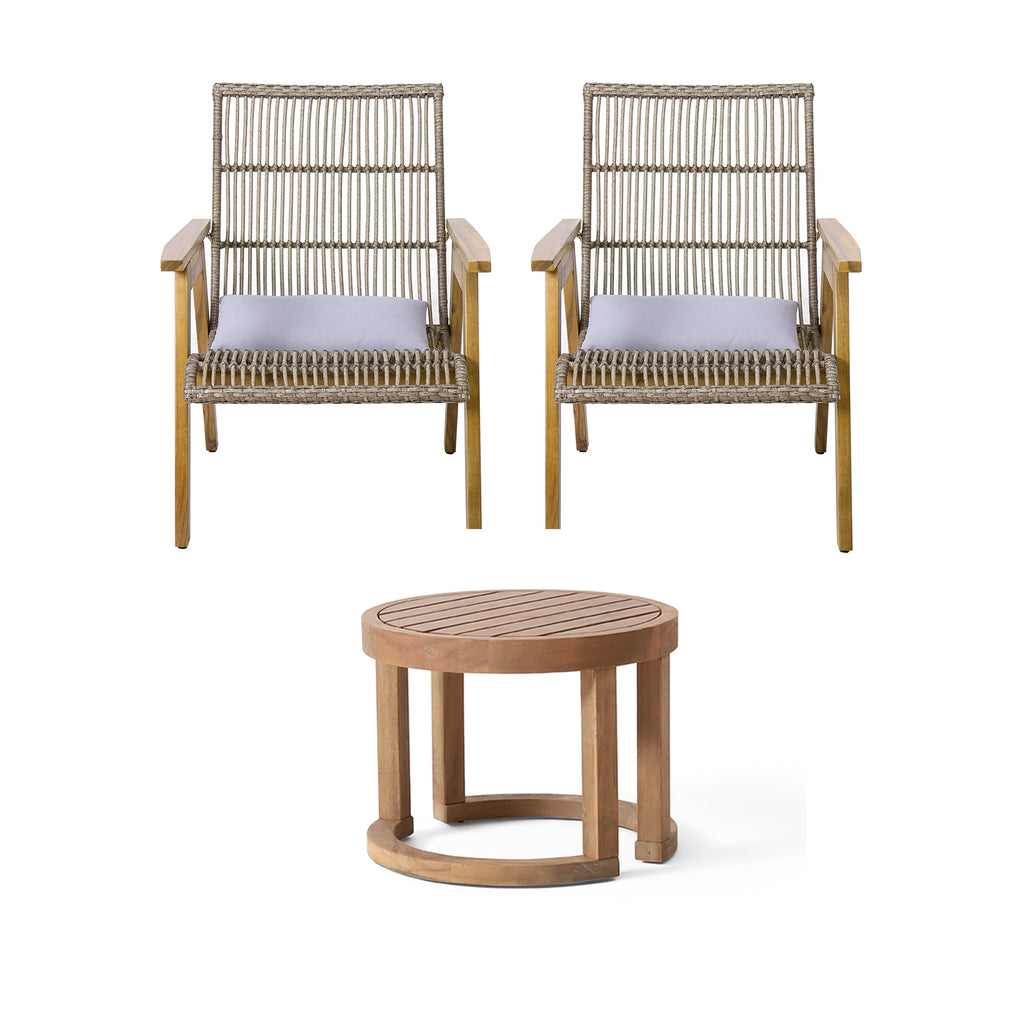 Outdoor Acacia Wood 3-Piece Lounge Set: 2 Cape Woven Wicker Lounge Chairs with Pillows + 18' Solid Side Table for Patio, Deck, Yard, Lawn, and Garden (Teak Finish + Natural Wicker + Light Grey Fabric