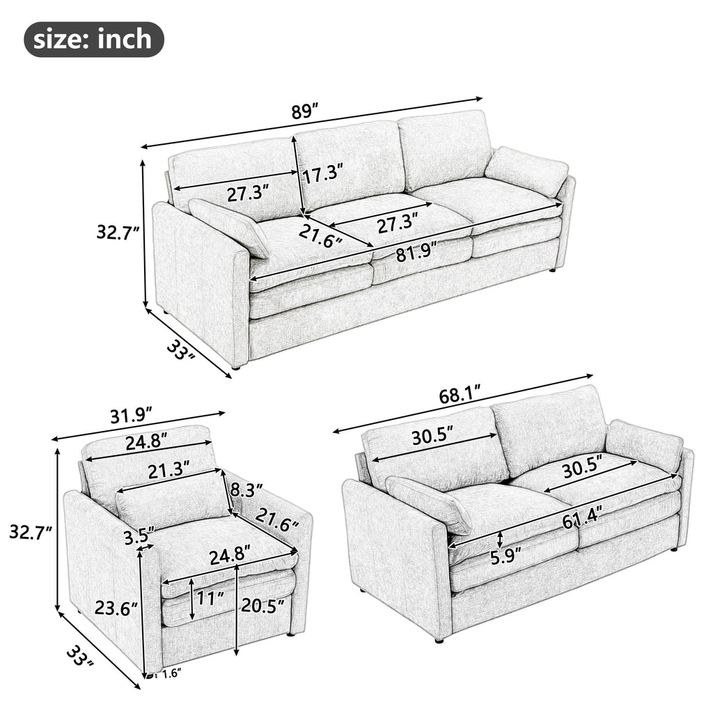 Cozy Upholstered Sofa Set Oversized Comfy Cloud Sofa Double Cushion Sofa Group Plush Cushion Sofa Couch for Living Room, Light Grey