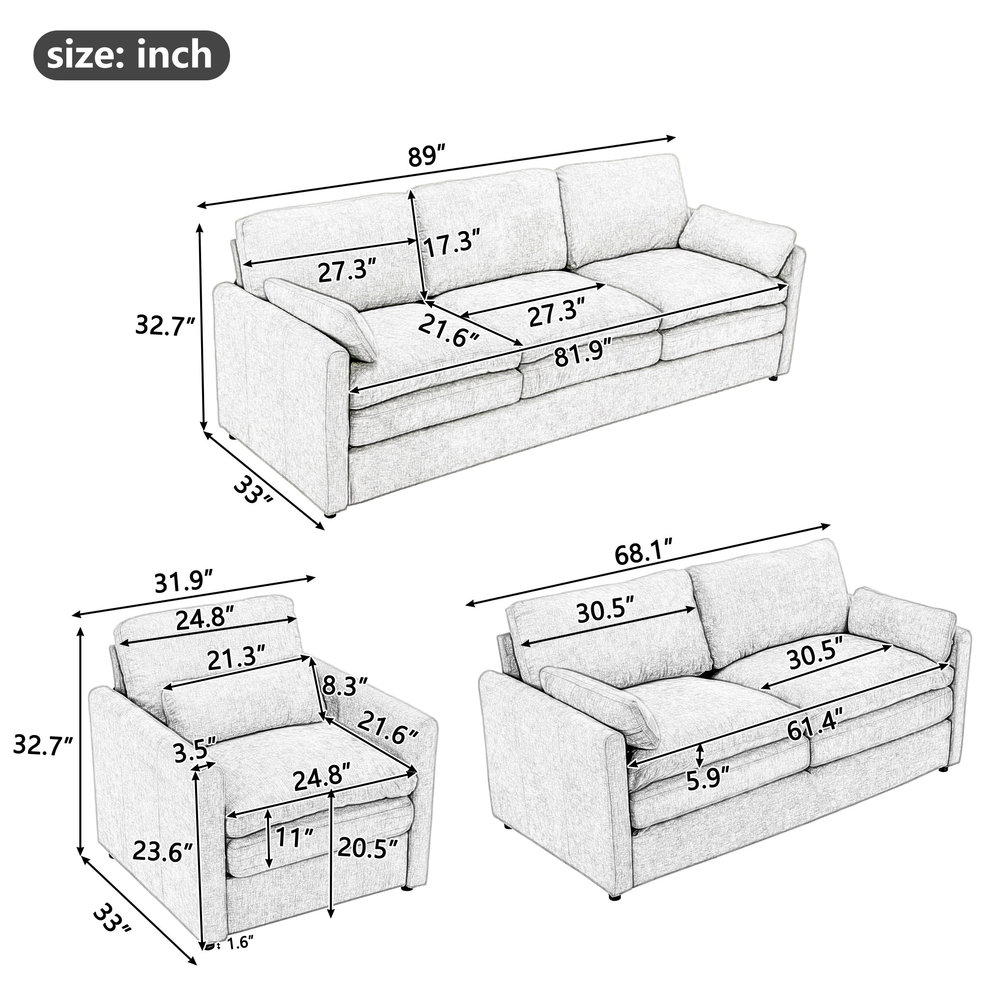 Cozy Upholstered Sofa Set Oversized Comfy Cloud Sofa Double Cushion Sofa Group Plush Cushion Sofa Couch for Living Room, Light Grey