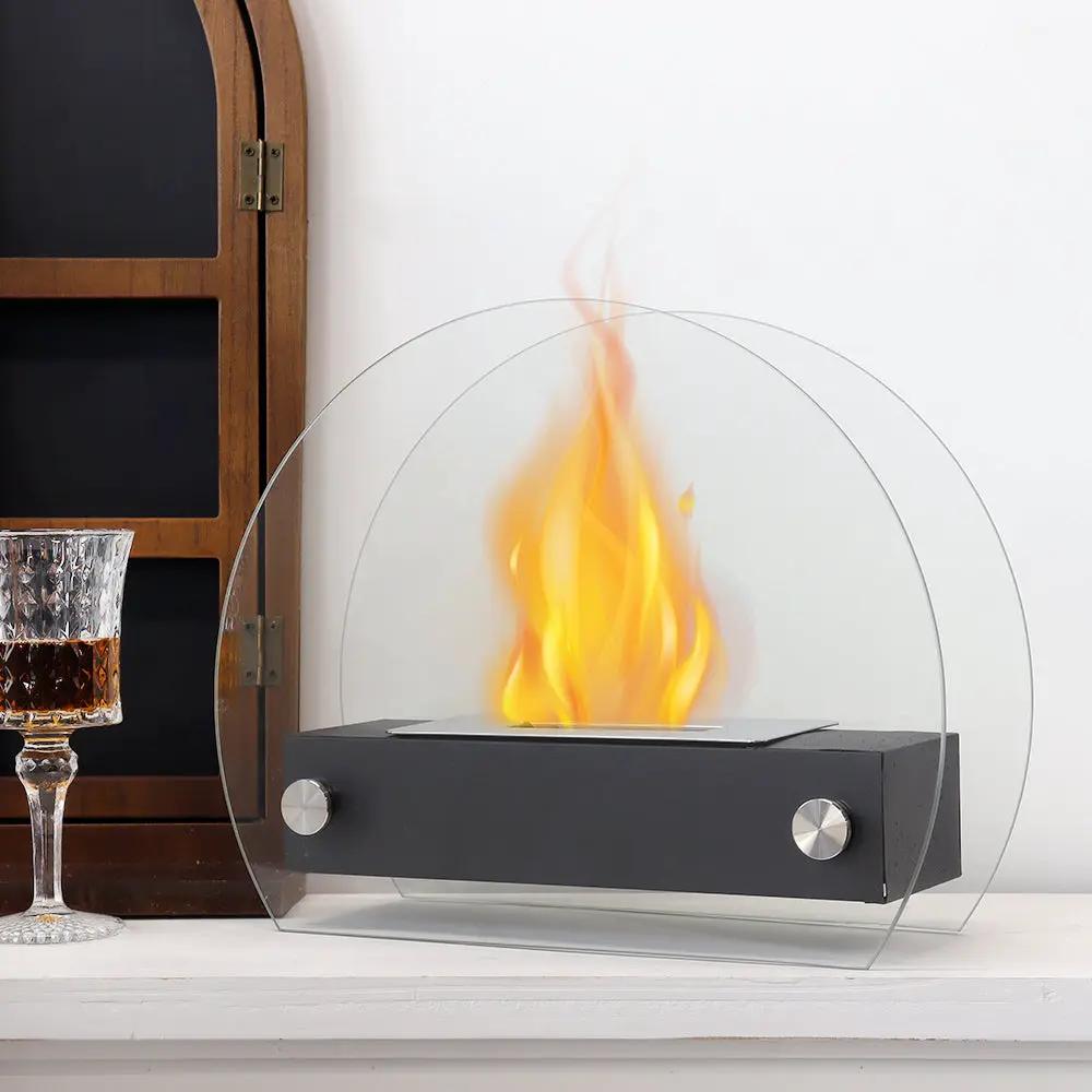 JHY Design portable tabletop fire pit, 35cm, ventless bioethanol, round glass guard, black metal base