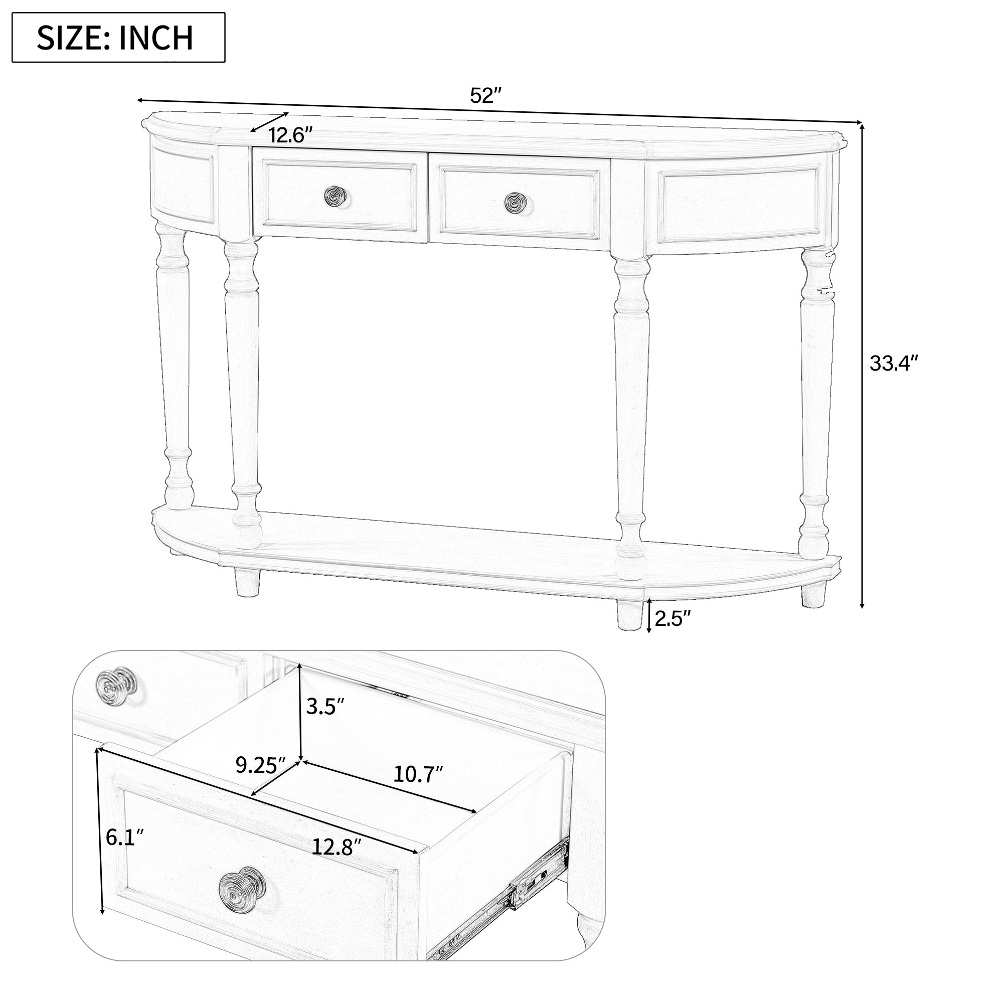 TREXM Retro Circular Curved Design Console Table with Open Style Shelf Solid Wooden Frame and Legs Two Top Drawers (Gray Wash, OLD SKU: WF298768AAE)