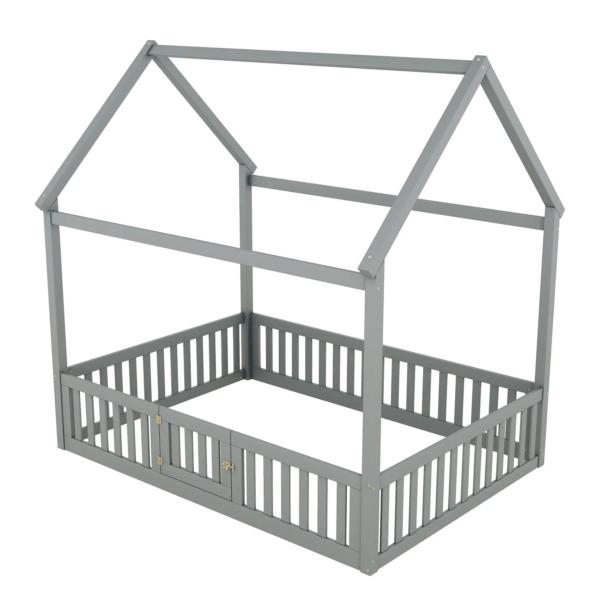 Wood House Bed With Fence And Door