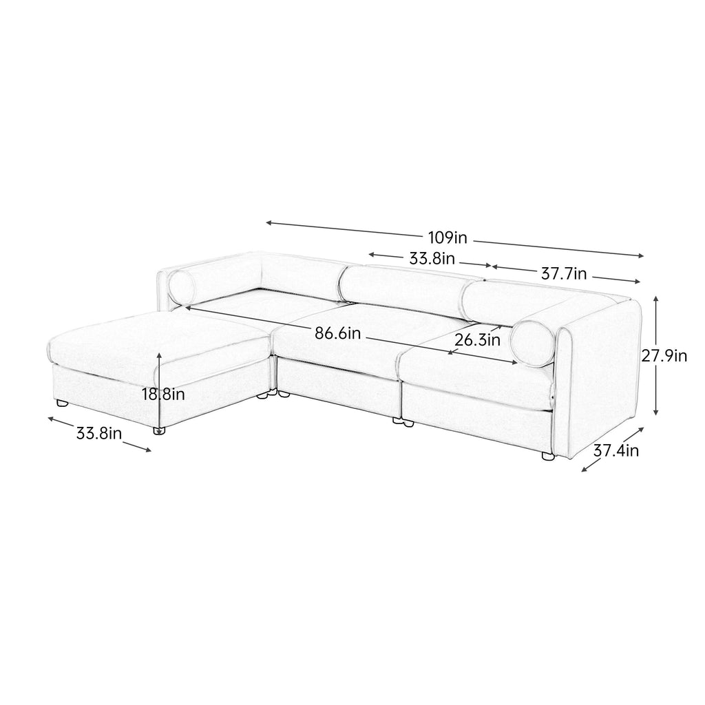 Elegant White Chenille  Sofa with Storage Seat and Ottoman, L-Shaped 3-Seater Cylindrical Backrest and Armrests, Contemporary 3-Seater Fabric Couch with Hidden Storage Compartment