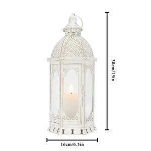 15in H outdoor candle lantern by JHY DESIGN, vintage white metal with intricate lattice panels