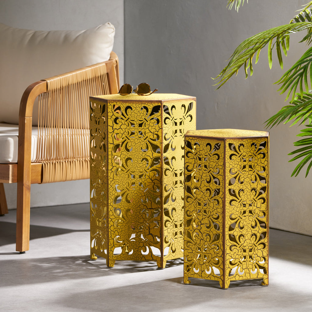 Outdoor Hexagonal Accent Table Set with Charming Fleur-de-lis Panel Sides, Antique Yellow