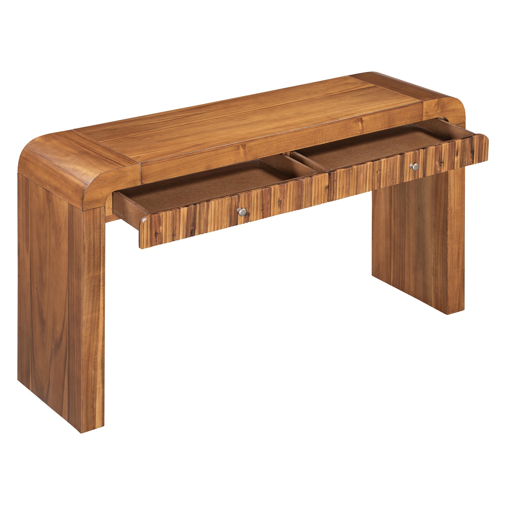TREXM Rustic Console Table with Fluted Drawer Front, Entryway Table with Curved Corners & Thick Legs, Sturdy Sofa Table for Hallway & Living Room (Brown)
