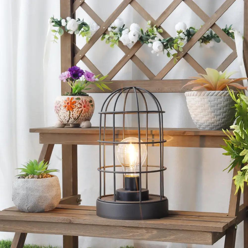 9.5H decorative table lamp with black metal cage, cordless LED bulb, by JHY DESIGN