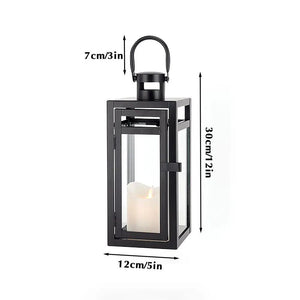 12'' High black metal decorative candle lantern by JHY DESIGN with glass panels and candle inside