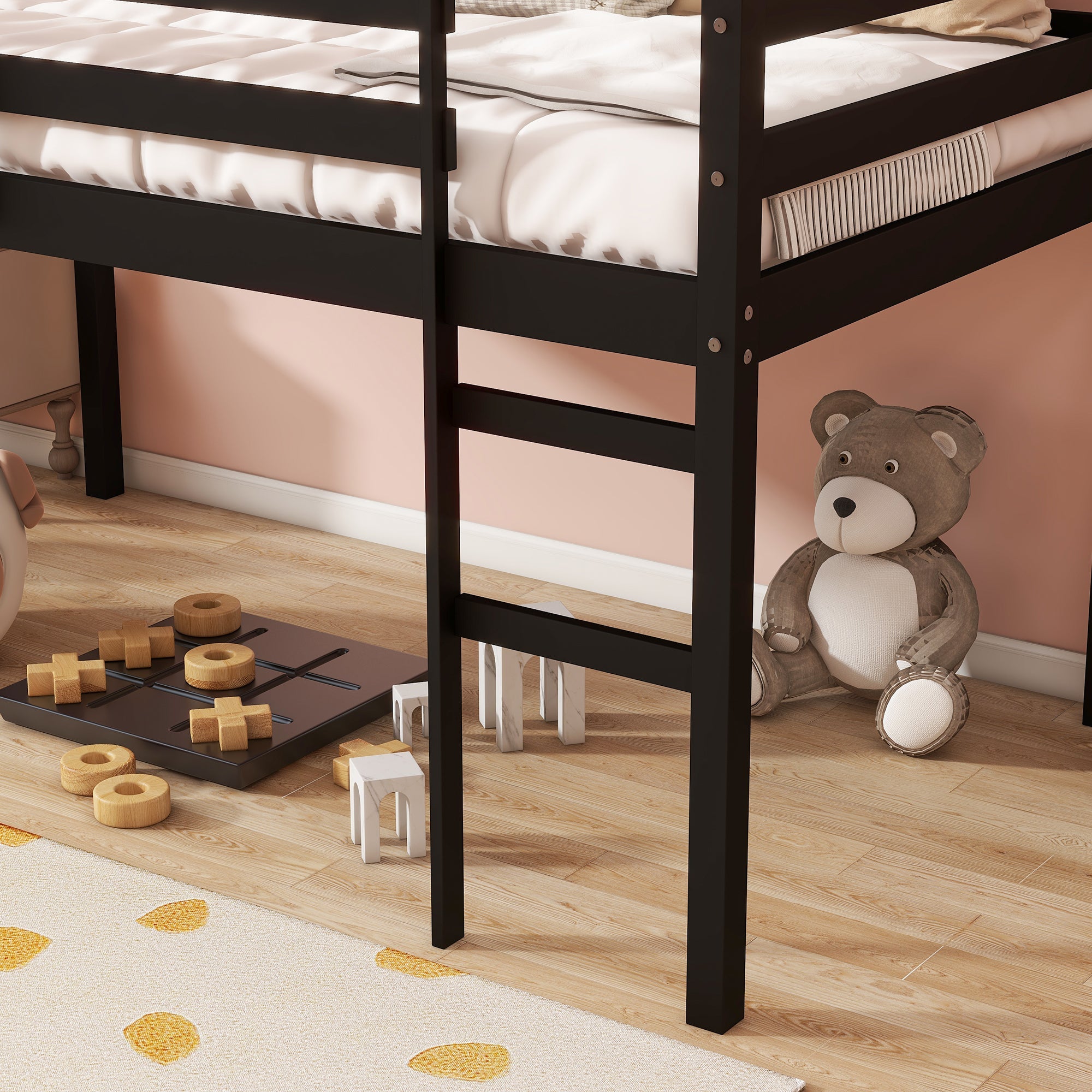 Solid Wooden, Rubber Wooden Twin Loft Bed with Ladder, Bed Platform of Strengthened Slats , Black