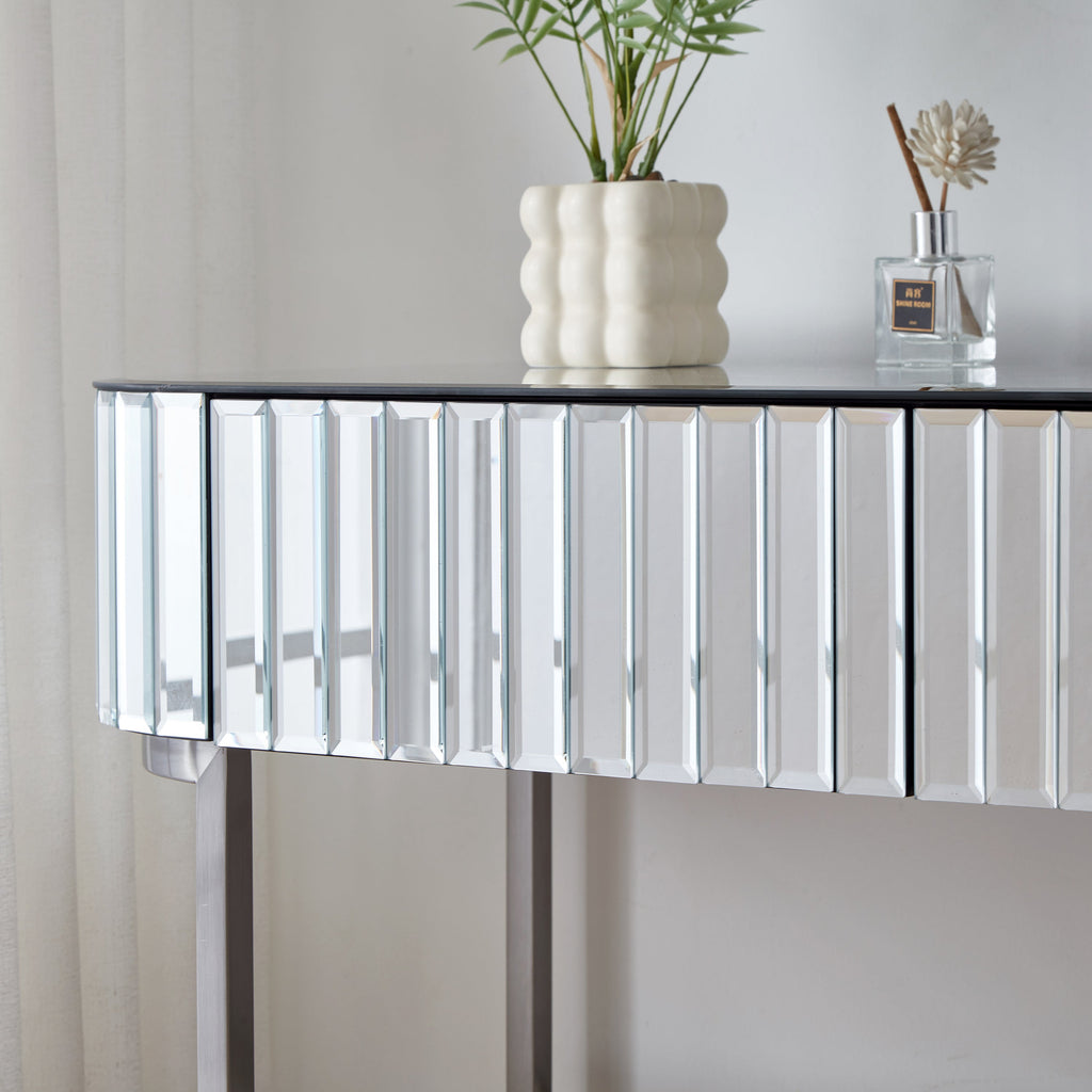 39' Mirrored Makeup Vanity Table with Stainless Steel Base, Mirrored Console Dressing Table with 2 Drawers,Versatile Desk for Bedroom and Office, Silver