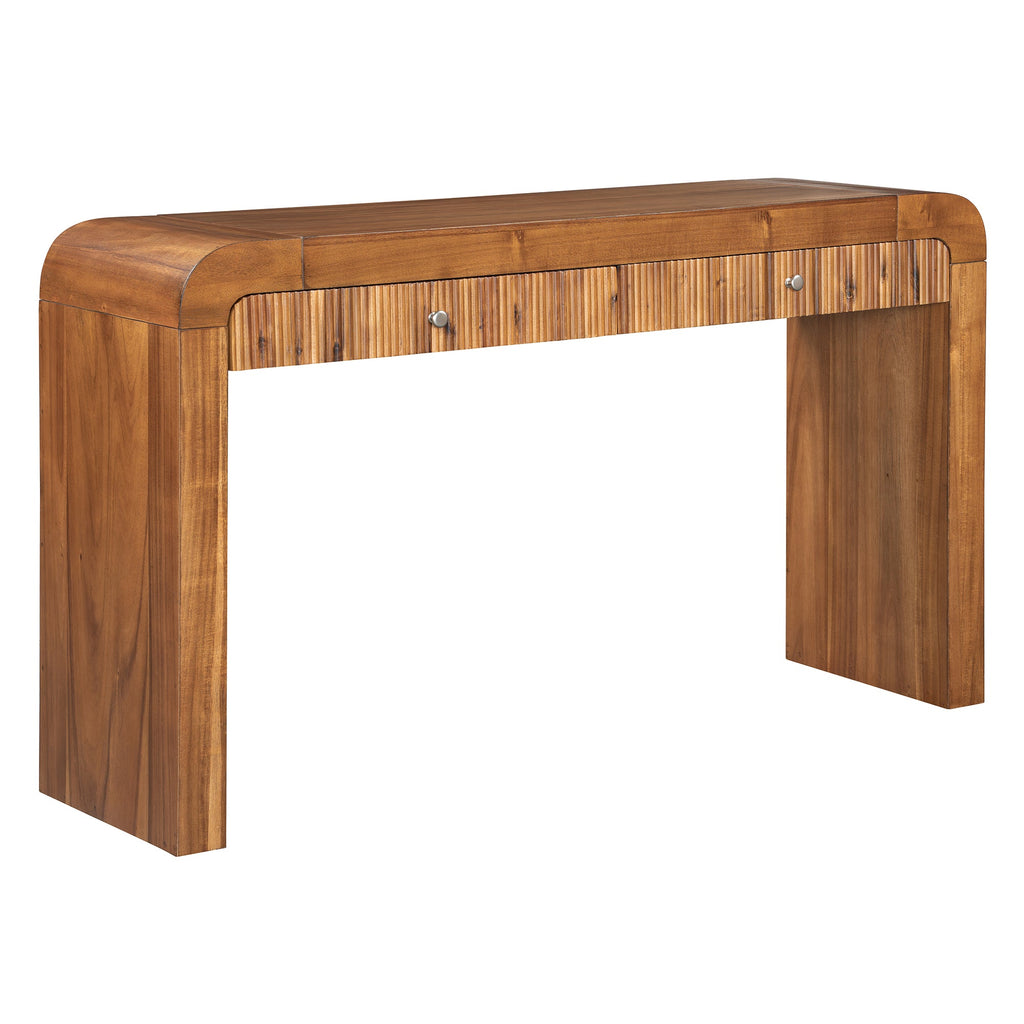 TREXM Rustic Console Table with Fluted Drawer Front, Entryway Table with Curved Corners & Thick Legs, Sturdy Sofa Table for Hallway & Living Room (Brown)