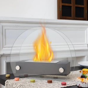 JHY Design portable tabletop fire pit 35cm in gray with circular glass wind guard and bio-ethanol flame