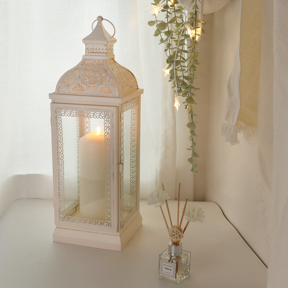 Rustic metal decorative candle lantern with tempered glass panels; 2 items shown (lantern and diffuser)