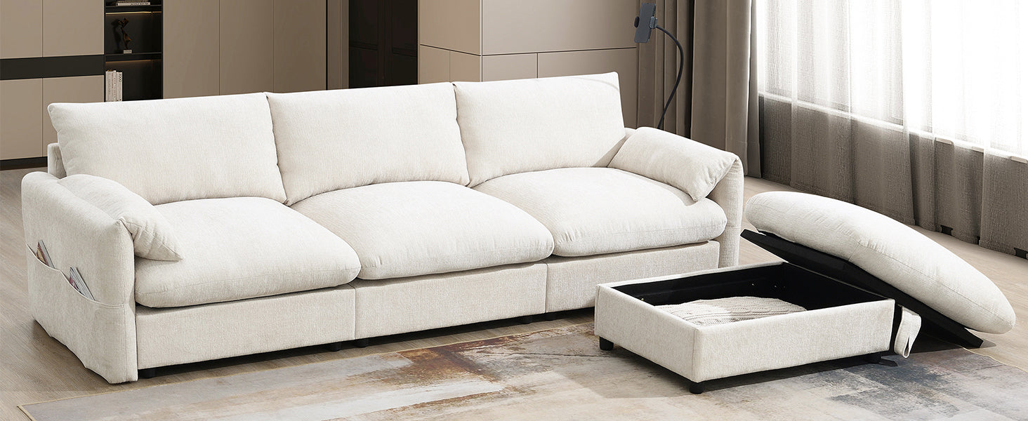 96.5'' Chenille Sectional Sofa with Storage Ottoman and Pockets,Adjustable Phone Holder,Wide Seat,4 Seat L Shaped Couch Set,Comfy Sofa with USB Charger for Living Room,Apartment,3 Colors