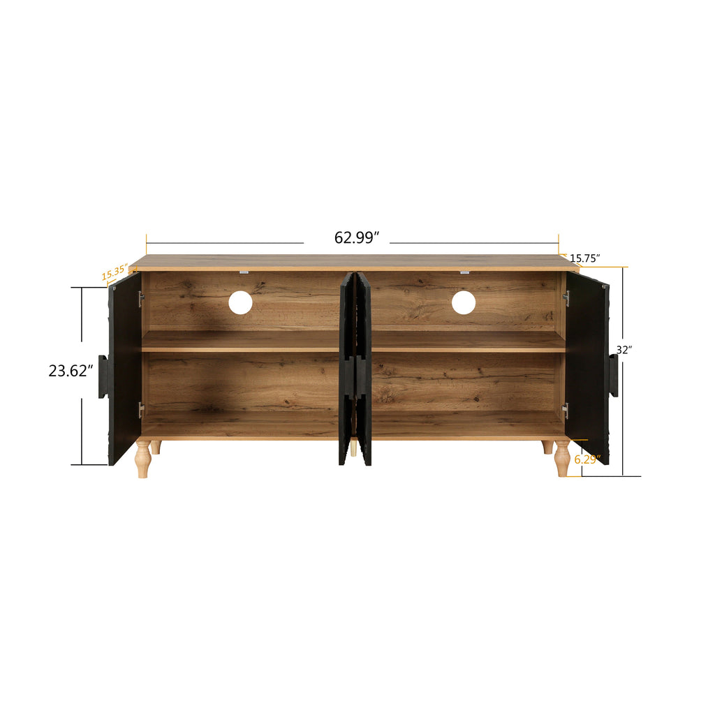 Black Carved Symmetrical Design Door And Wood Coloured Frame For TV Stand Table,Living Room ,Entryway