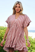 Davi & Dani Embroidery V Neck Short Sleeve Ruffled Mini Dress