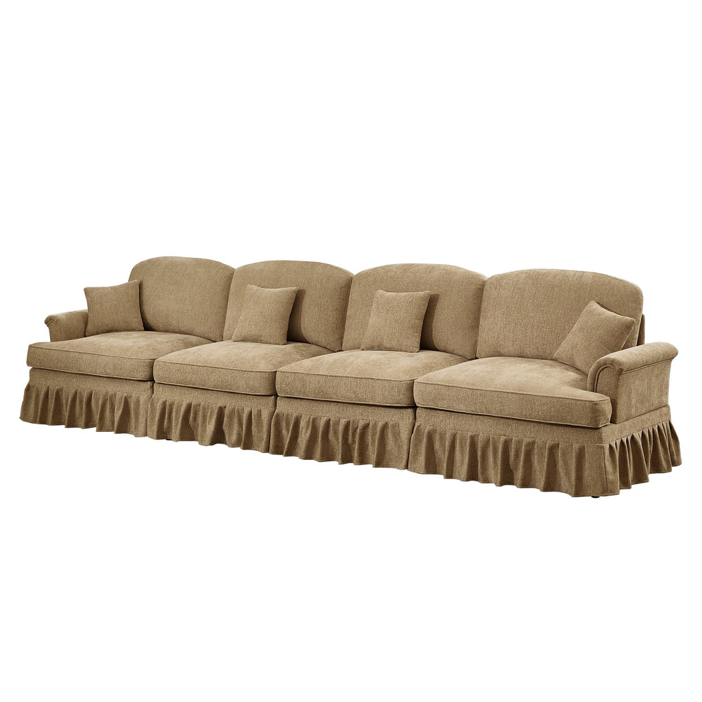 Elegant Mid Century Large 4 Seater Sofa Couch with Flared Arms and Removable Ruffles Pleats Skirts and Spindle Legs, Comfy Chenille Four-Seat Sofa for Living Room, Light Coffee