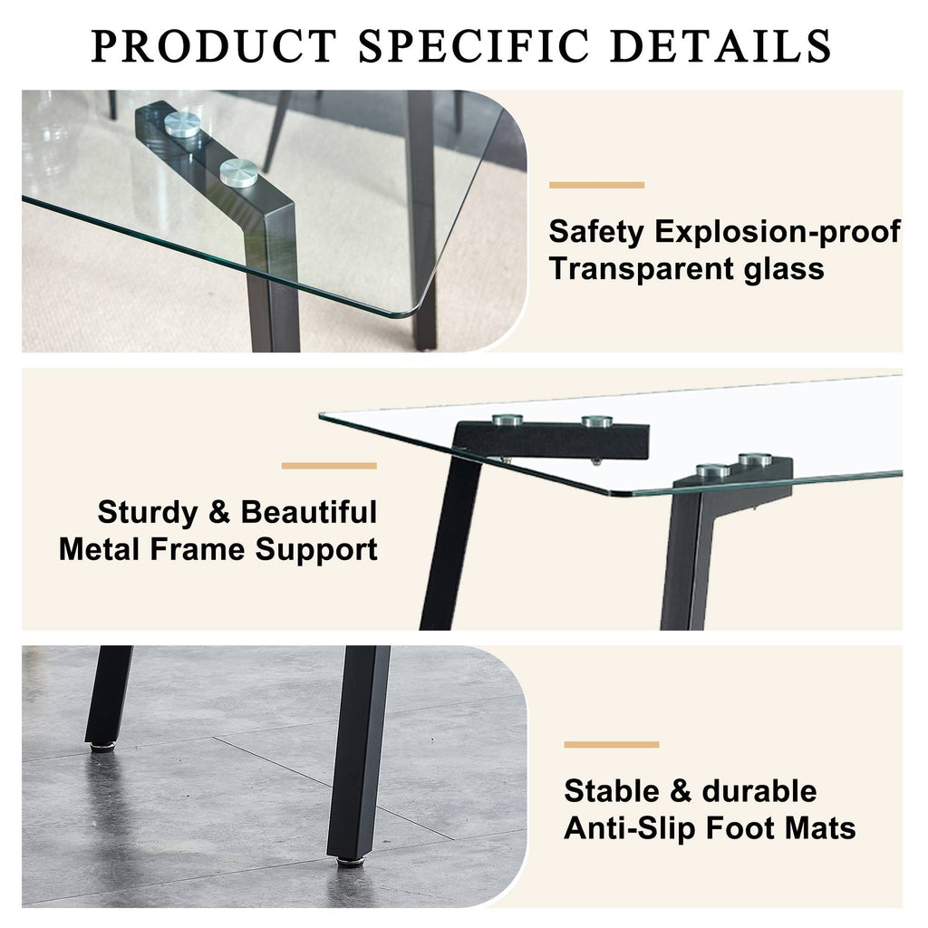 Modern Minimalist Rectangular Glass Dining Table with 0.31' Tempered Glass Tabletop and Black Coating Metal Legs, Writing Table Desk, for Kitchen Dining Living Room, 51' W x 31'D x 30' H.W1151S01839