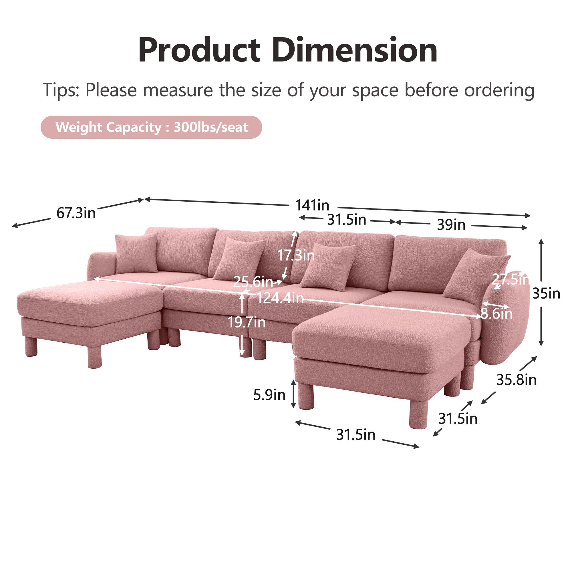 Boucle Fabric U Shape Sectional 4-seater Sofa Couch With Distinctive Shell-shaped Armrests And 2 Movable Ottomans,Cylindrical Legs Wrapped with Self-fabric,Pink Color