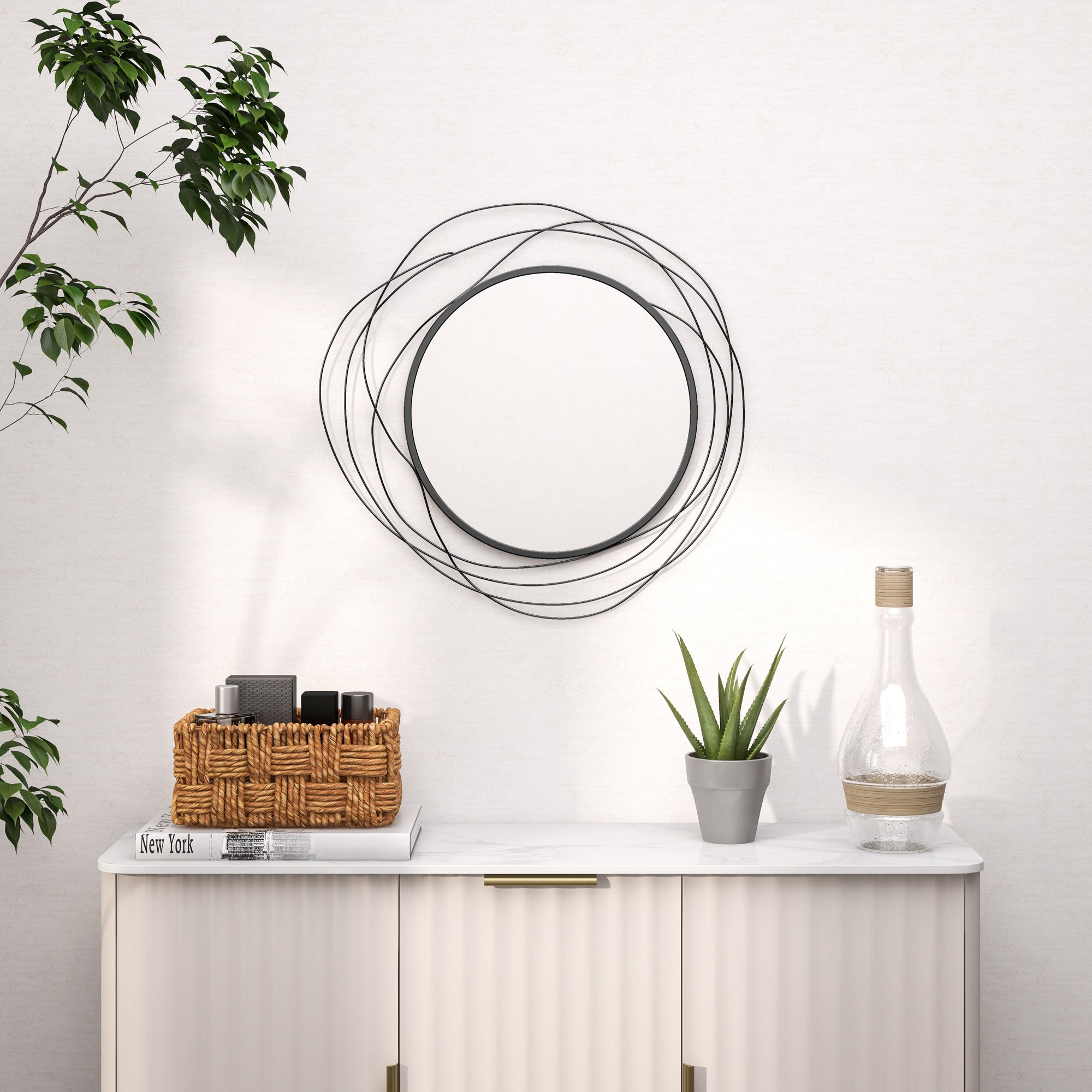 HOMCOM Metal Wall Art Modern Mirror Decor Home Hanging Wall Sculptures for Living Room Bedroom Dining Room, Black
