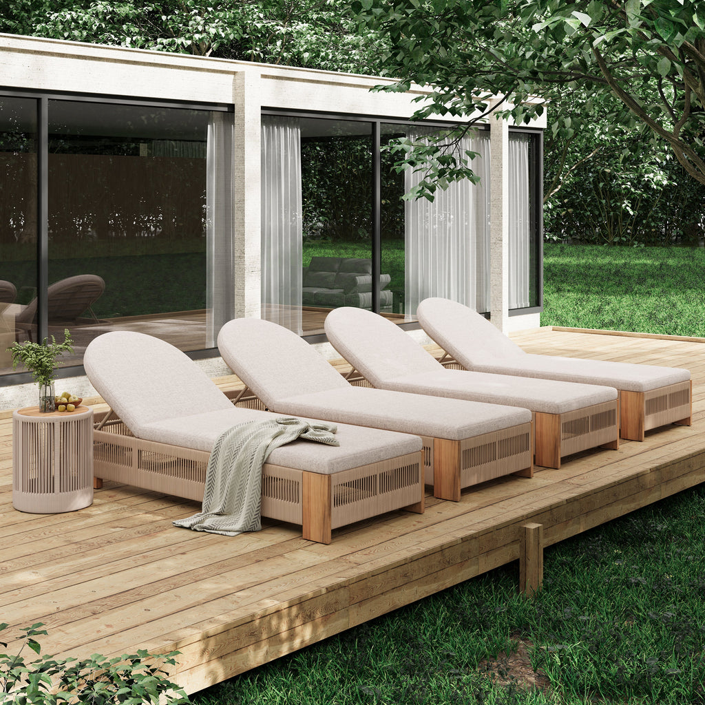 Outdoor Rope Chaise Lounge Set of 5, Patio Lounge Chairs, Outside Poolside Lounge Furniture, Teak look wood Side Table and Beige Cushions, Chaise Lounge with Adjustable Backrest( Beige rope)