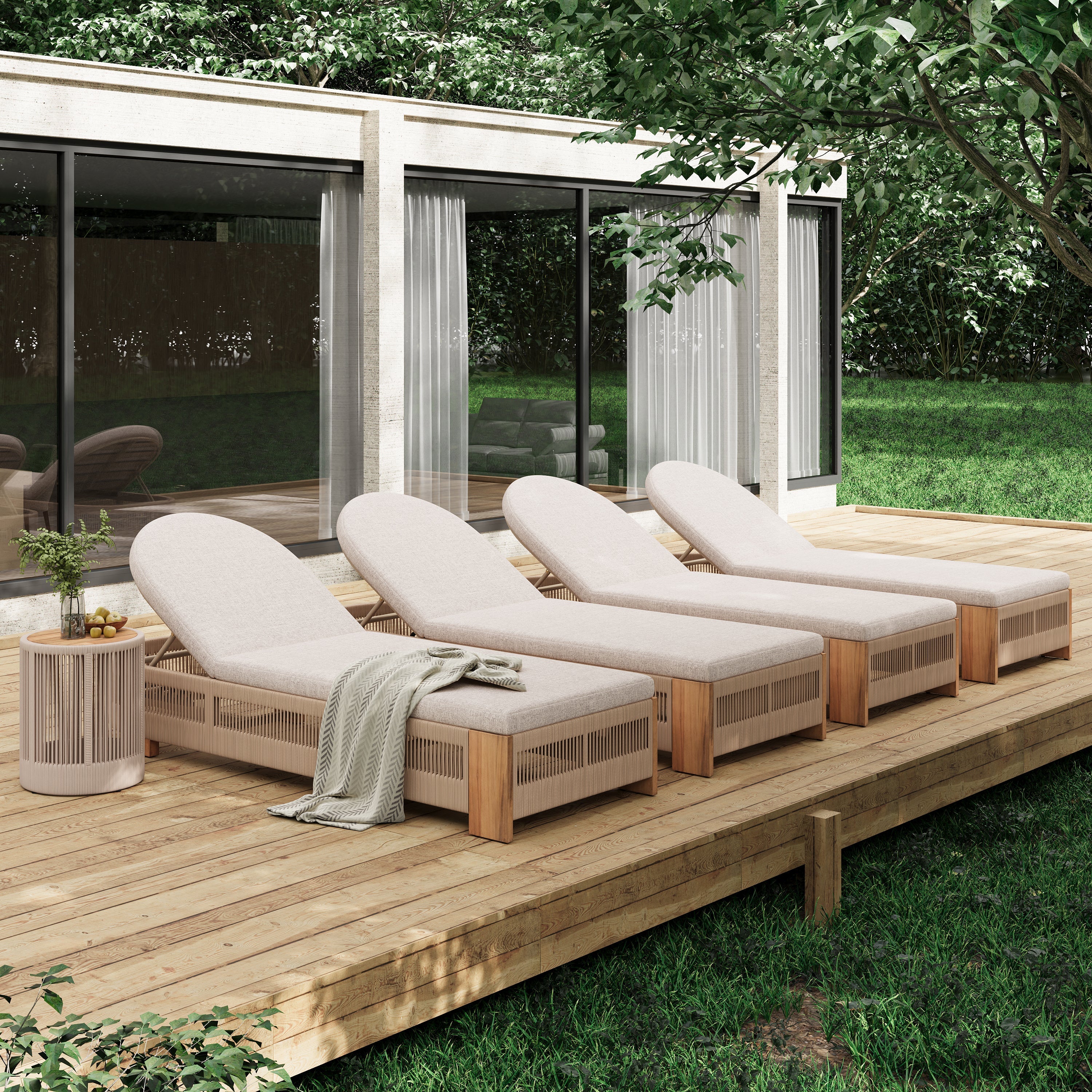 Outdoor Rope Chaise Lounge Set of 5, Patio Lounge Chairs, Outside Poolside Lounge Furniture, Teak look wood Side Table and Beige Cushions, Chaise Lounge with Adjustable Backrest( Beige rope)