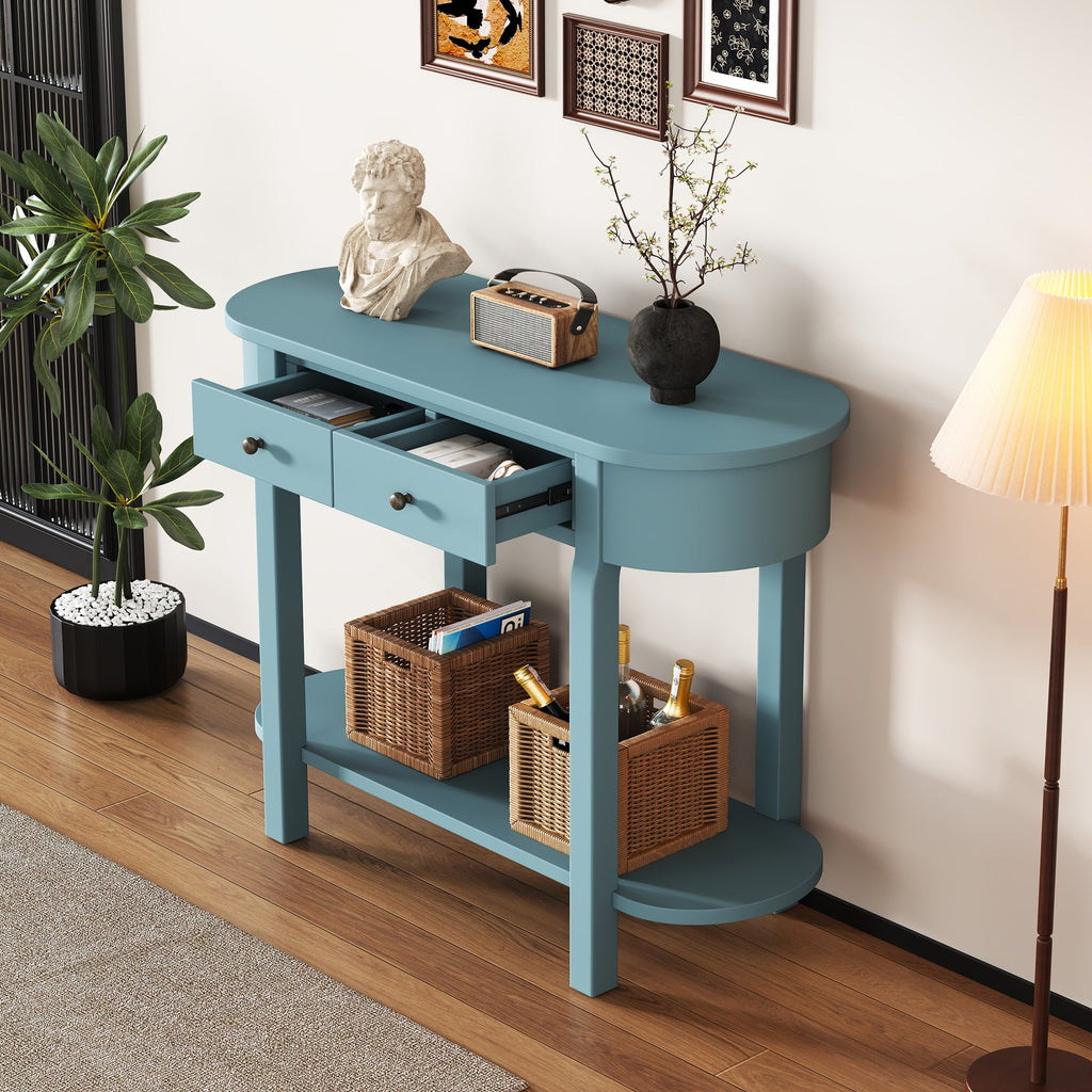 TREXM Elegant Retro Console Table with Curved Design and Smooth Glaze for Entryways, Living Rooms and hallways (Turquoise Green)