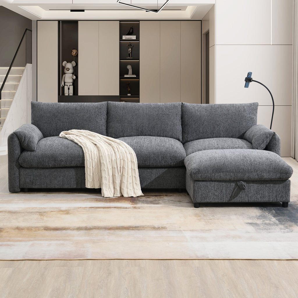 96.5'' Chenille Sectional Sofa with Storage Ottoman and Pockets,Adjustable Phone Holder,Wide Seat,4 Seat L Shaped Couch Set,Comfy Sofa with USB Charger for Living Room,Apartment,3 Colors