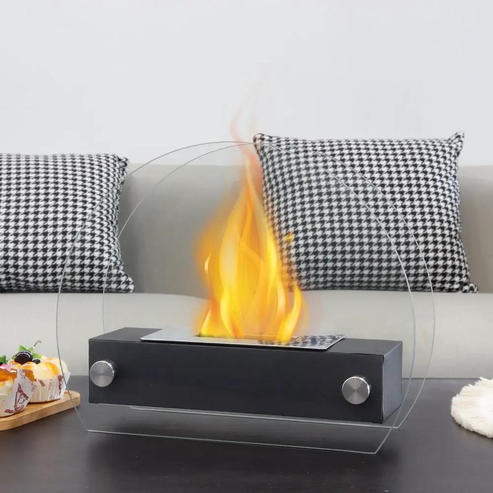 JHY Design portable tabletop fire pit with curved glass guard, black rectangular base and bright bio-ethanol flame.
