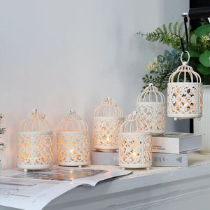 6-pack small metal candle lanterns in white with ornate lattice pattern by JHY DESIGN