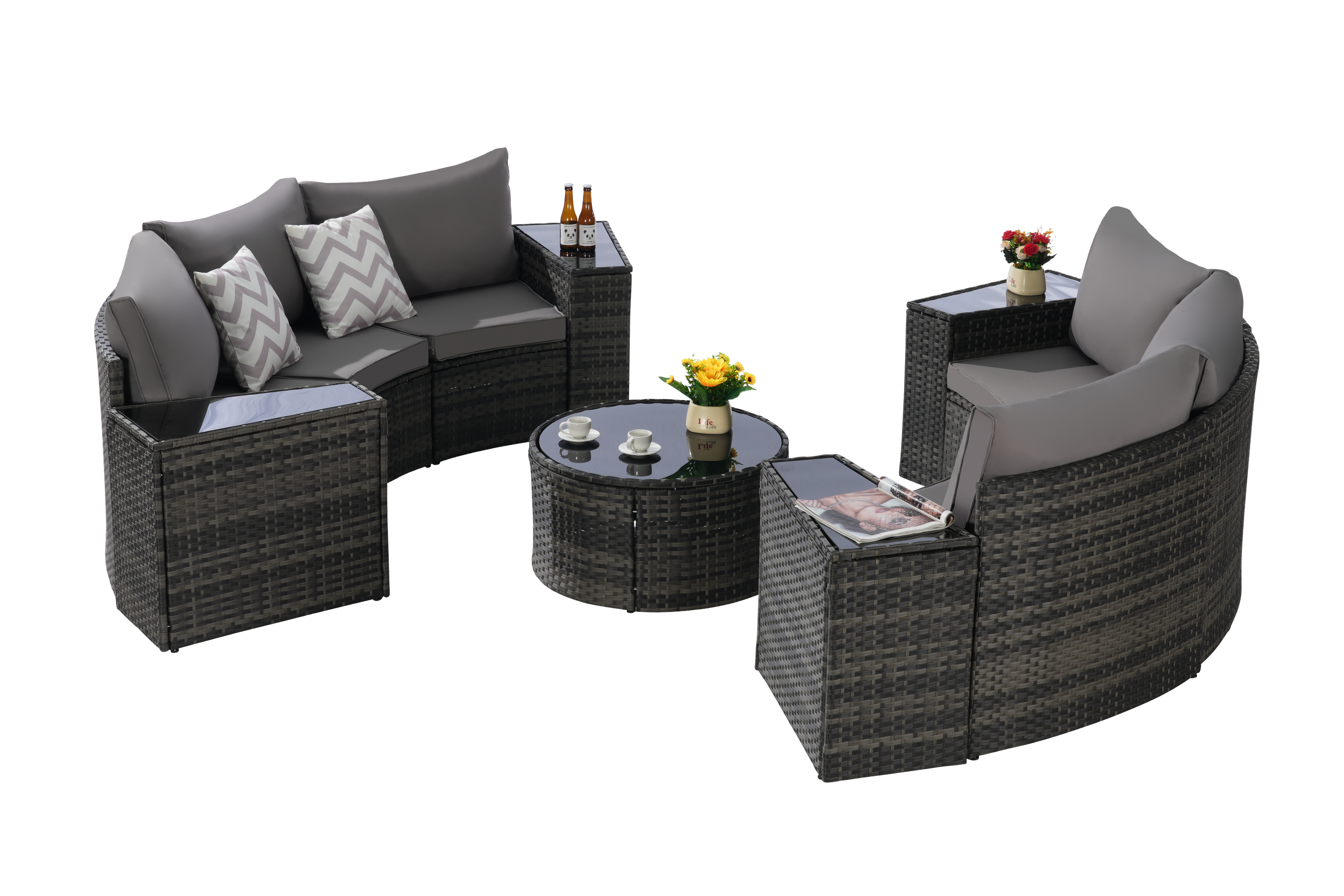 Outdoor Patio Furniture 11-Piece Half-Moon Sectional Round Patio Furniture Set Sofa with Tempered Glass Round Coffee Table