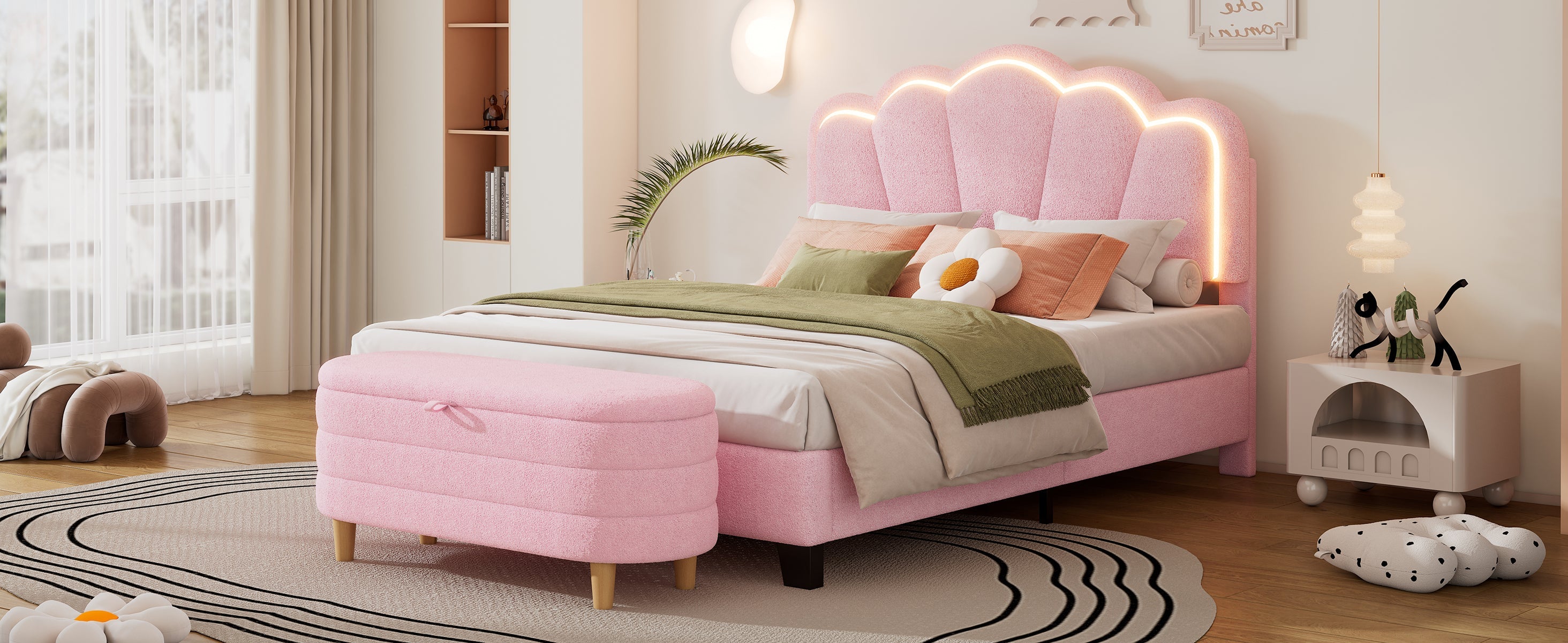 2-Pieces Bedroom Sets Full Size Flower-Shaped Upholstered LED Platform Bed with Storage Ottoman-Sherpa Fabric, Pink