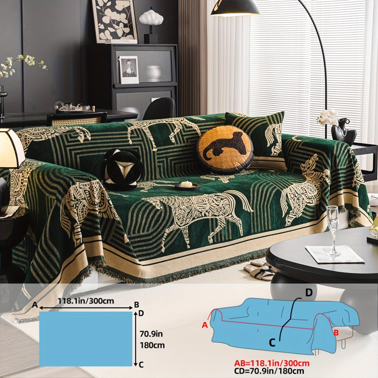 Luxurious Chenille Horse Design Sofa Cover Decor in Orange & Green