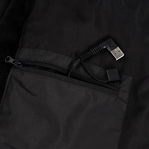 LITEGUEST USB heated vest with black fabric, zip pocket, and visible USB charging cable.