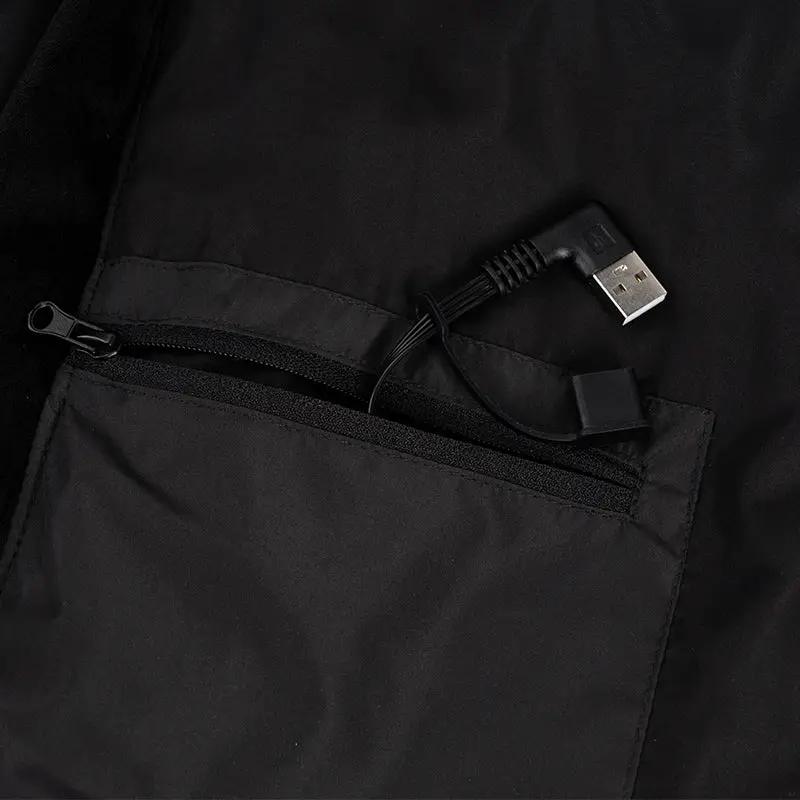 LITEGUEST USB heated vest with black fabric, zip pocket, and visible USB charging cable.
