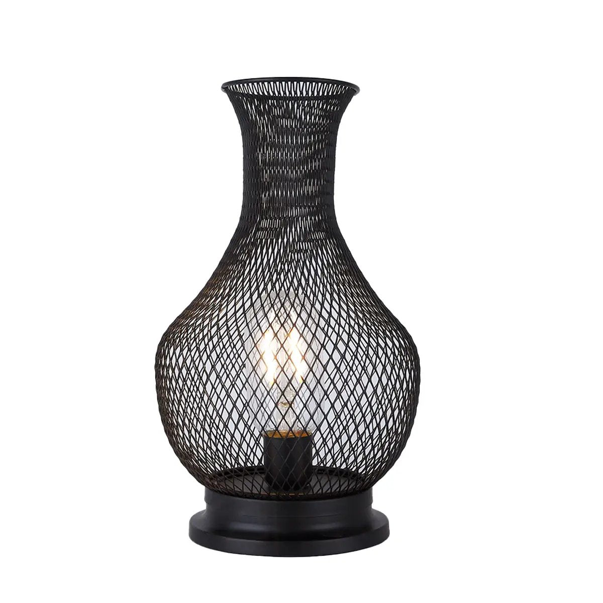 11-inch tall battery-operated lamp with LED Edison bulb in black metal mesh lantern by JHY DESIGN