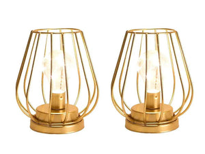 Set of 2 7-inch tall gold metal cage lanterns, cordless battery-operated table lamps for ambient lighting.